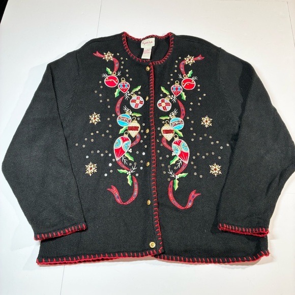 Vintage Christmas Cardigan L Sweater Crystal Kobe Black Embroidery Sequins Beads - Picture 1 of 8